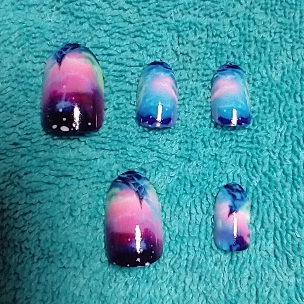 Press on nails pink blue black lightning pattern set